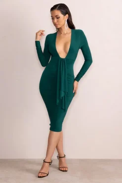 Inspirational | Bottle Green Plunge Neck Long Sleeves Ruched Midi Dress With Drape Detail