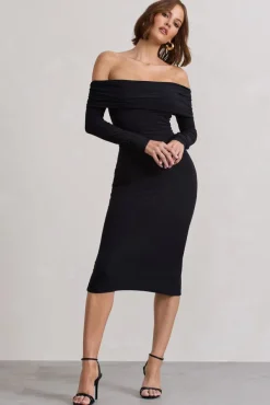 Intercept | Black Bodycon Bardot Tie-Back Midi Dress