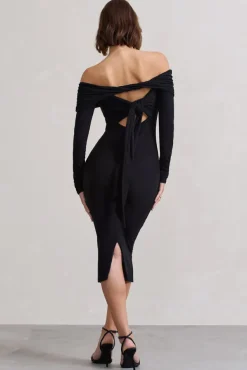 Intercept | Black Bodycon Bardot Tie-Back Midi Dress