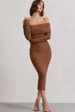 Intercept | Brown Bodycon Bardot Tie-Back Midi Dress