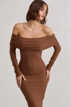 Intercept | Brown Bodycon Bardot Tie-Back Midi Dress