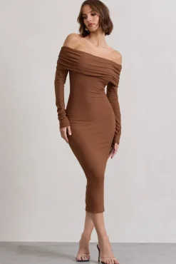 Intercept | Brown Bodycon Bardot Tie-Back Midi Dress