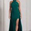 Intertwined | Bottle Green Halter-Neck Open-Back Split Maxi Dress With Scarf Detail