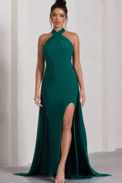 Intertwined | Bottle Green Halter-Neck Open-Back Split Maxi Dress With Scarf Detail