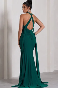 Intertwined | Bottle Green Halter-Neck Open-Back Split Maxi Dress With Scarf Detail