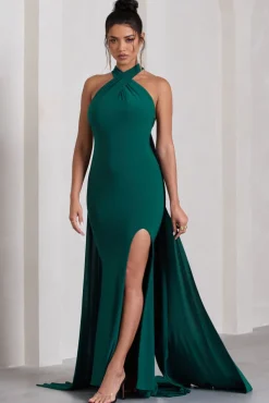 Intertwined | Bottle Green Halter-Neck Open-Back Split Maxi Dress With Scarf Detail