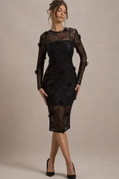 Intimate | Black Sequin Sheer Midi Dress With Flowers