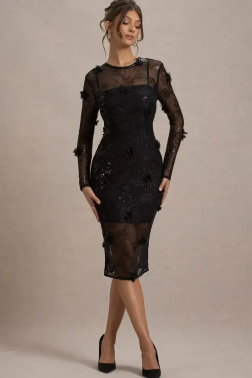 Intimate | Black Sequin Sheer Midi Dress With Flowers