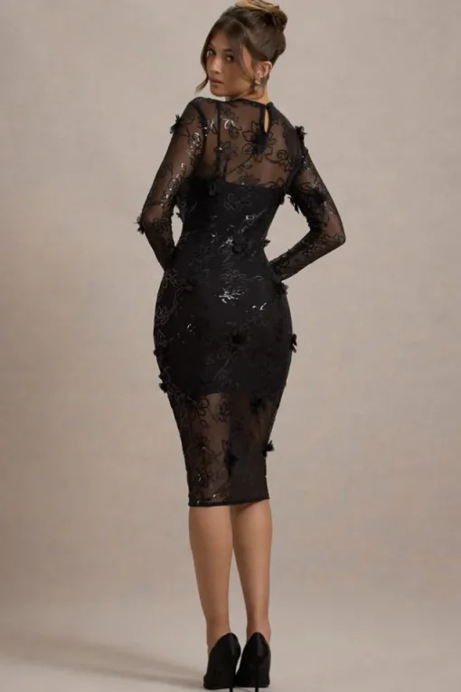 Intimate | Black Sequin Sheer Midi Dress With Flowers