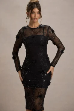 Intimate | Black Sequin Sheer Midi Dress With Flowers