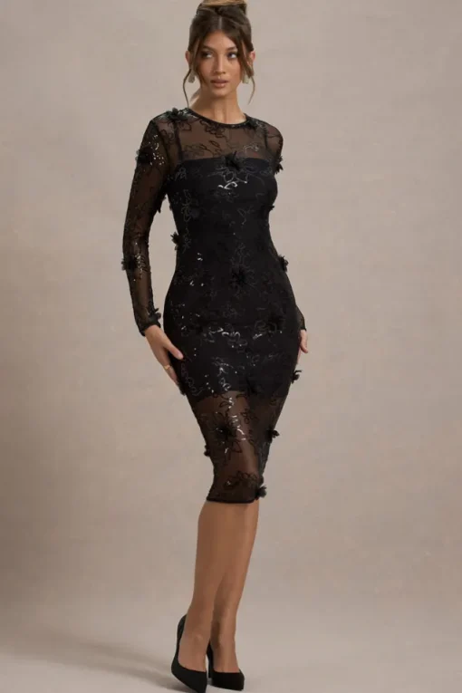 Intimate | Black Sequin Sheer Midi Dress With Flowers