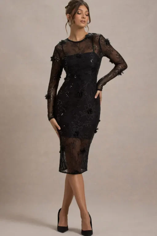 Intimate | Black Sequin Sheer Midi Dress With Flowers