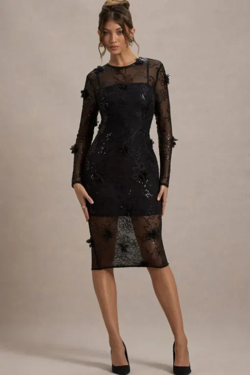 Intimate | Black Sequin Sheer Midi Dress With Flowers