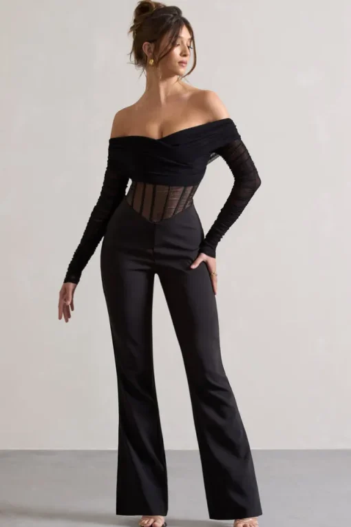 Into The Night | Black Sheer Bardot Long-Sleeved Corset Jumpsuit