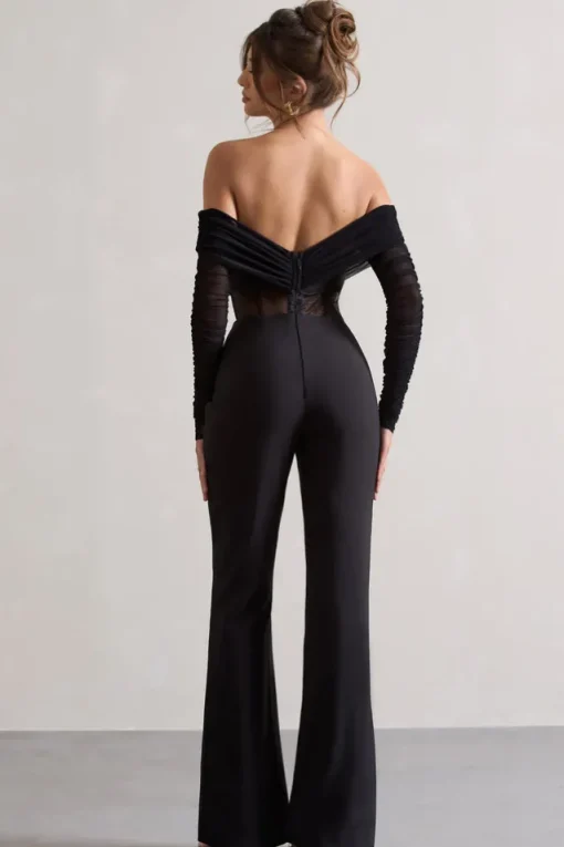 Into The Night | Black Sheer Bardot Long-Sleeved Corset Jumpsuit