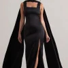 Intuition | Black Satin Square-Neck Split Maxi Dress With Scarf