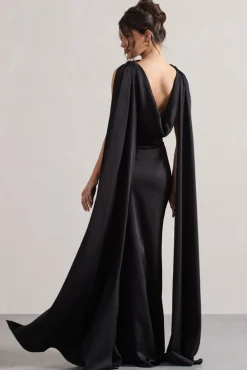Intuition | Black Satin Square-Neck Split Maxi Dress With Scarf