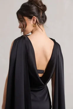 Intuition | Black Satin Square-Neck Split Maxi Dress With Scarf