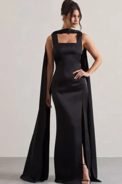 Intuition | Black Satin Square-Neck Split Maxi Dress With Scarf