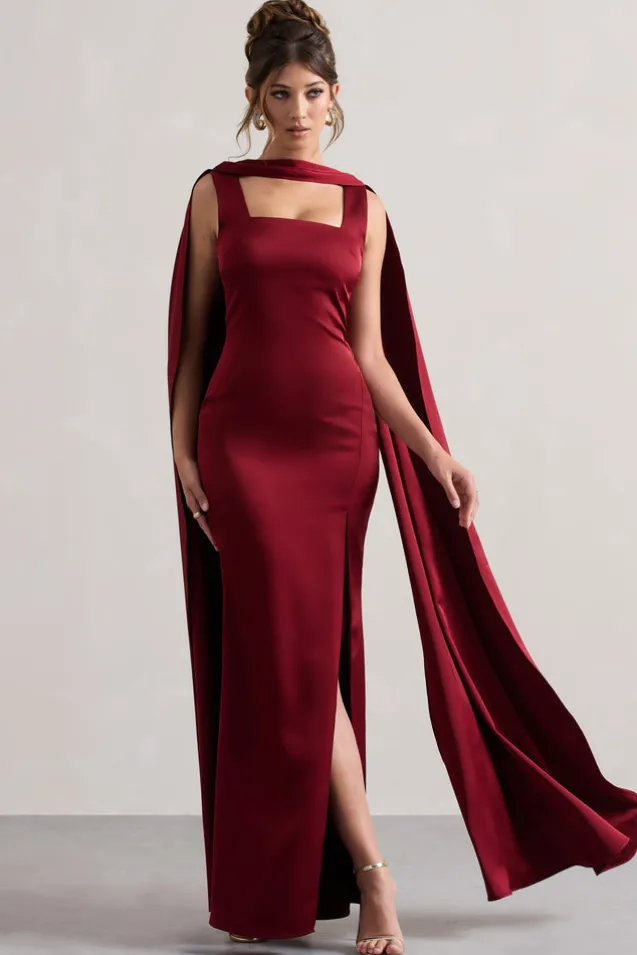 Intuition | Burgundy Satin Square-Neck Split Maxi Dress With Scarf