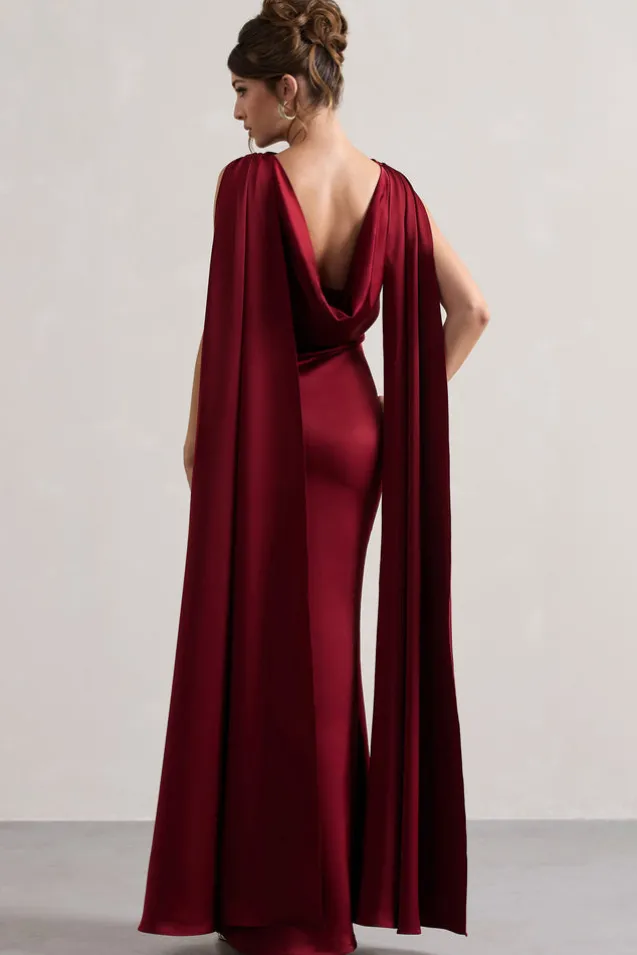 Intuition | Burgundy Satin Square-Neck Split Maxi Dress With Scarf