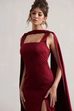 Intuition | Burgundy Satin Square-Neck Split Maxi Dress With Scarf