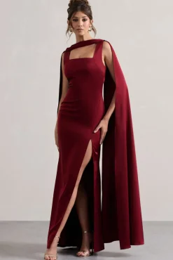 Intuition | Burgundy Satin Square-Neck Split Maxi Dress With Scarf