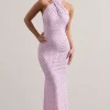 Invincible | Pink Polka Dot Cross Over Halter-Neck Open-Back Maxi Dress