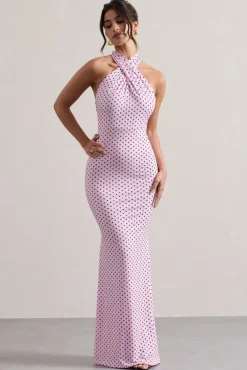 Invincible | Pink Polka Dot Cross Over Halter-Neck Open-Back Maxi Dress