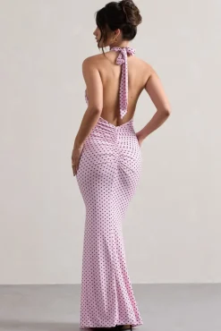 Invincible | Pink Polka Dot Cross Over Halter-Neck Open-Back Maxi Dress