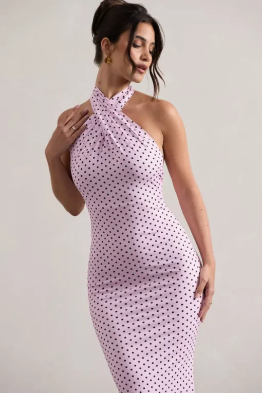 Invincible | Pink Polka Dot Cross Over Halter-Neck Open-Back Maxi Dress