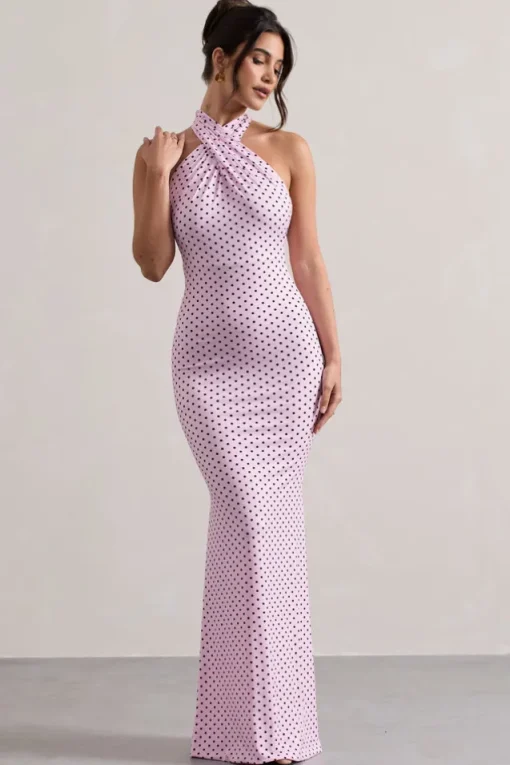 Invincible | Pink Polka Dot Cross Over Halter-Neck Open-Back Maxi Dress