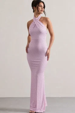 Invincible | Pink Polka Dot Cross Over Halter-Neck Open-Back Maxi Dress