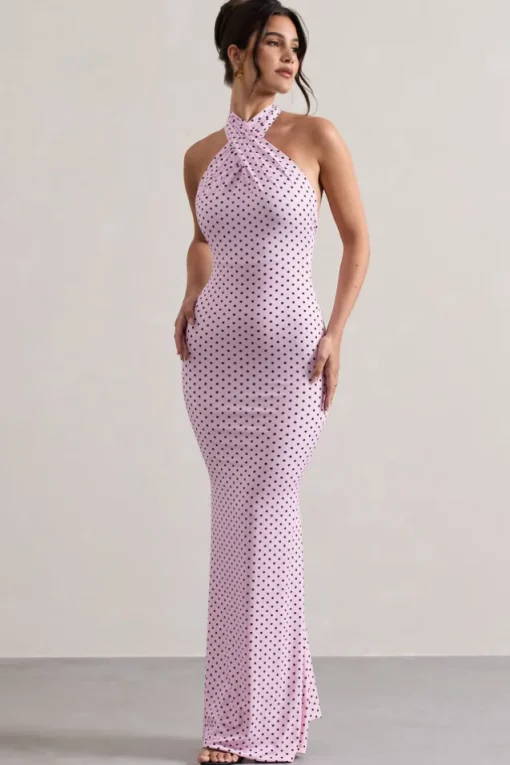 Invincible | Pink Polka Dot Cross Over Halter-Neck Open-Back Maxi Dress