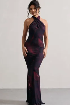 Invincible | Plum Print Cross Over Halter-Neck Open-Back Maxi Dress
