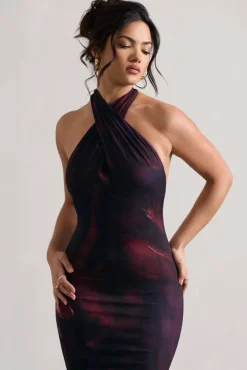 Invincible | Plum Print Cross Over Halter-Neck Open-Back Maxi Dress