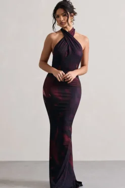Invincible | Plum Print Cross Over Halter-Neck Open-Back Maxi Dress