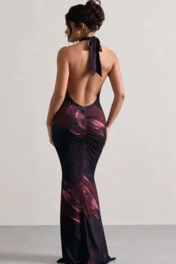 Invincible | Plum Print Cross Over Halter-Neck Open-Back Maxi Dress