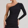 Invite | Black Asymmetric One Shoulder Ruched Detail Mini Dress
