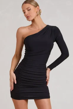 Invite | Black Asymmetric One Shoulder Ruched Detail Mini Dress