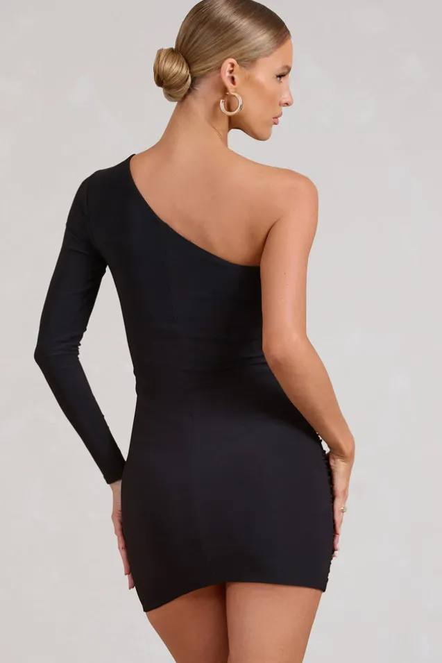 Invite | Black Asymmetric One Shoulder Ruched Detail Mini Dress