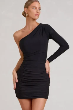 Invite | Black Asymmetric One Shoulder Ruched Detail Mini Dress