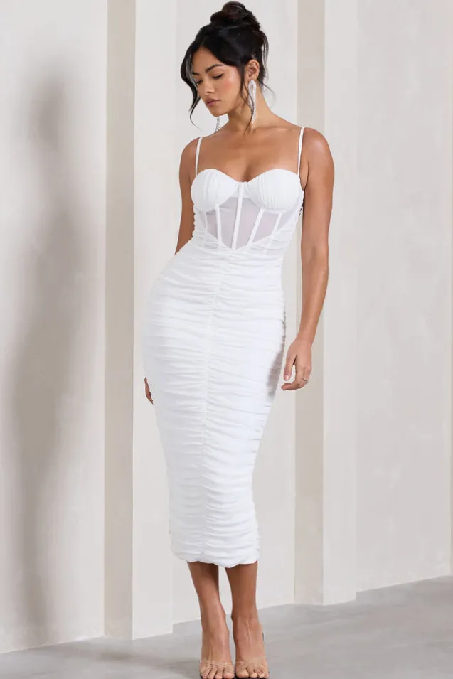 Inviting | White Ruched Corset Midi Dress