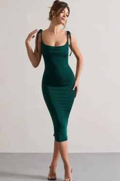 Irina | Bottle Green Cowl-Neck Bodycon Midi Dress