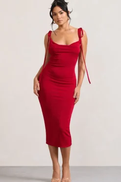 Irina | Red Cowl-Neck Bodycon Midi Dress