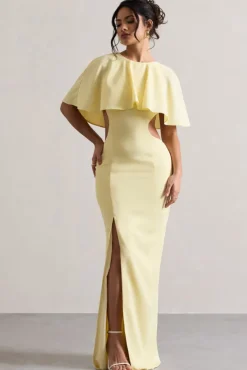 Isadora | Pastel Yellow Cut-Out Split Maxi Dress With Cape