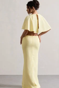 Isadora | Pastel Yellow Cut-Out Split Maxi Dress With Cape