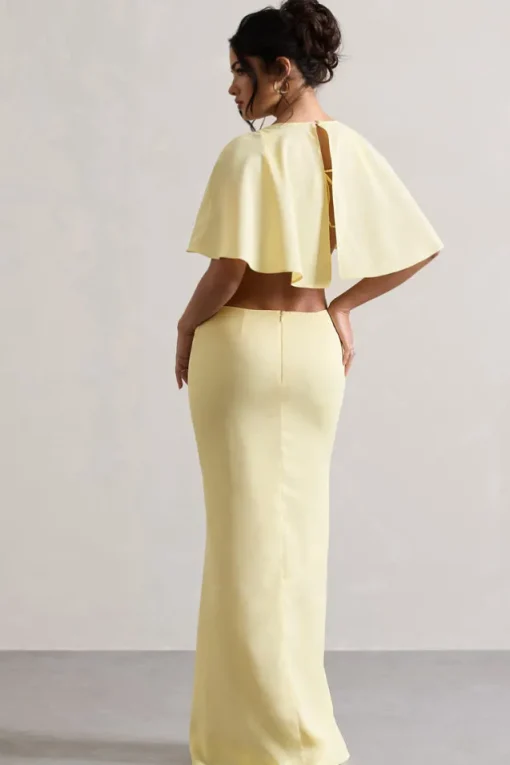 Isadora | Pastel Yellow Cut-Out Split Maxi Dress With Cape