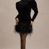 Issa | Black Velvet Long-Sleeve Mini Dress With Feather Trim
