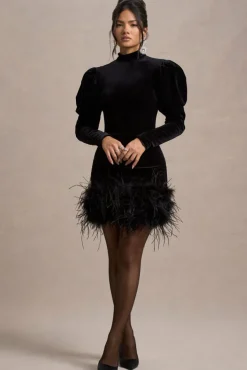 Issa | Black Velvet Long-Sleeve Mini Dress With Feather Trim